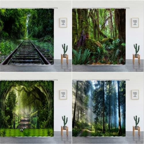 Landscape Shower Curtains Set Autumn Waterfall Forest Tree Sunset Natural Scenery Wall Hanging Bathroom Decor Fabric With Hooks