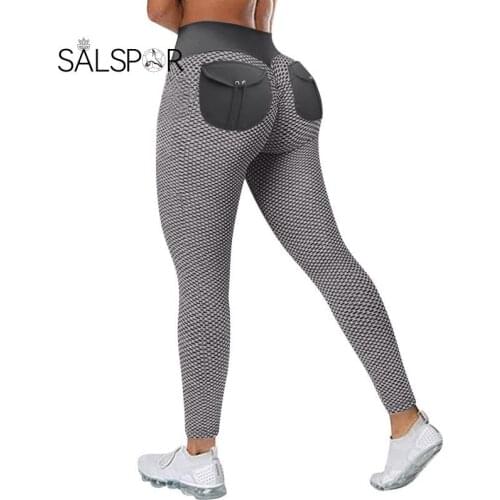 SALSPOR Sexy Leggings Seamless Women High Waist Leggings Pocket Pants Mesh Push Up Pants Gym Fitness Workout Athletic Wear