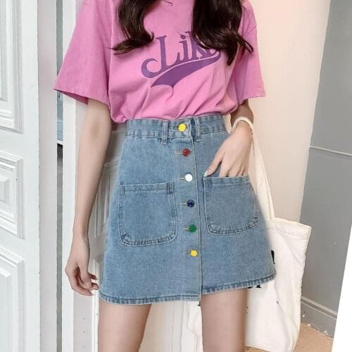 Harajuku Summer Casual Women Stretch Loose Fit Front Button High Waist A Line Denim Mini Skirt Fashion Korean Mini Pleated Skirt