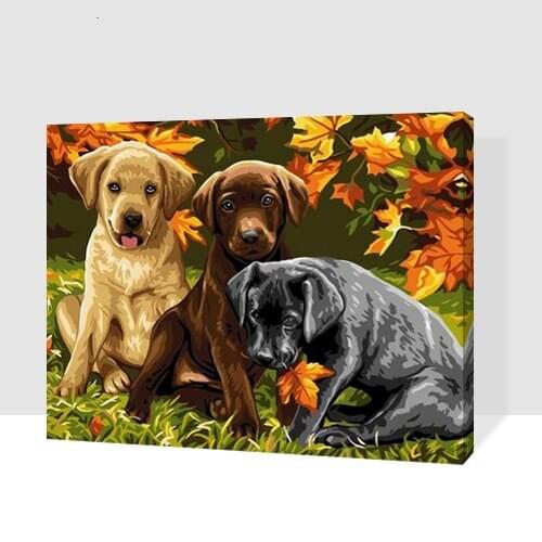 MaHuaf-A1053 three dogs under the maple DIY painting by numbers animal digital canvas painting for kids room decor 40x50 framed