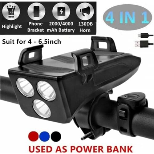 Multi-function 4 in 1 Bicycle Light USB Rechargeable T6 LED Bike Headlight Horn Phone Holder Power Bank 4000mAh MTB Front Light