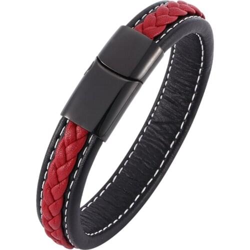 Trendy Mens Bracelets Jewelry Black Red Braided Leather Bracelet Stainless Steel Magnetic Button Bracelet & Bangles Gift PD0008