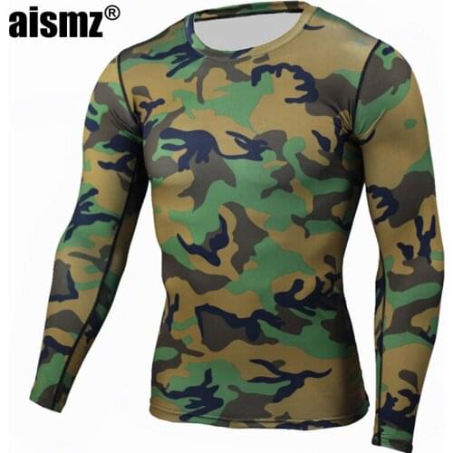 Aismz Men Boy Compression Base Layer Tight Top Shirt Under Skin Long Sleeve Camouflage T-shirt Crossfit Tops Tees