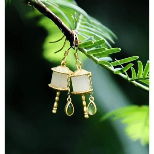 Natural Hetian Jade White Jade Tibetan Prayer Wheel Earrings Ancient Sterling Silver Gold-Plated Earrings Womens Retro Auspicio