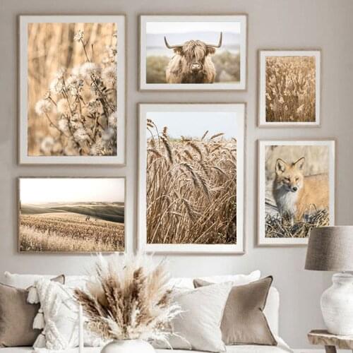 Nordic Poster And Prints Plateau Cow Fox Wheat Field Reed Hay Quote Wall Art Canvas Painting Wall Pictures For Living Room Decor