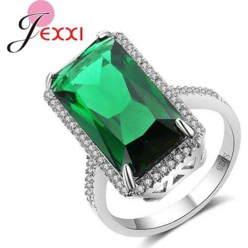New Big Rectangle Green Austrian Crystal Party Rings For Woman Gift Silver Bridal Wedding Jewelry Female Rings