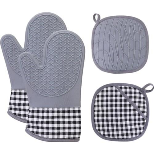 New New Silicone and Cotton Gloves Thick Silicone Insulation Pad Set Lattice Pattern Kitchen Oven Baking Gloves