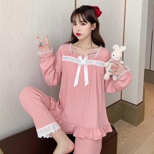 Fdfklak Korean Princess Style Pajamas Cotton Pyjama Lounge Clothes Nightie Autumn Plus Size M-XXL Loose Home Service