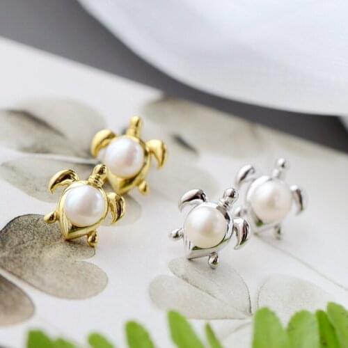 Authentic 925 Sterling Silver Little Turtle Lady Earrings Inlaid Natural Freshwater Pearl Earring Trendy Style Jewelry Gift