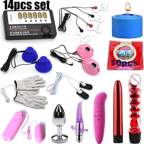14pcs set Sexual Toys For Women Massager Sex Toys Flirt Nipples Or Clitoris clips clamps Electric Shock Kit Vibrator