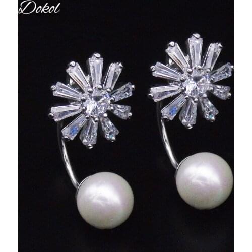 DOKOL Unique Design Flower Shape Pearl Earrings Silver Color Clear Cubic Zirconia Fashion Women Earring for Party DKE0070