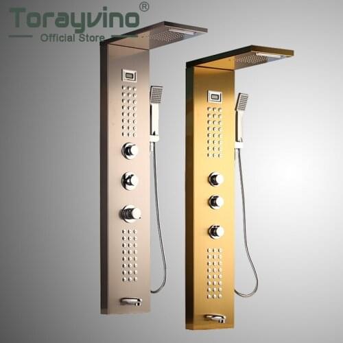 Torayvino Waterfall 6pc Massage Jets Rain Shower Column Mixer Shower Faucet Tower W/Hand Shower Tub Spout Black Shower Panel