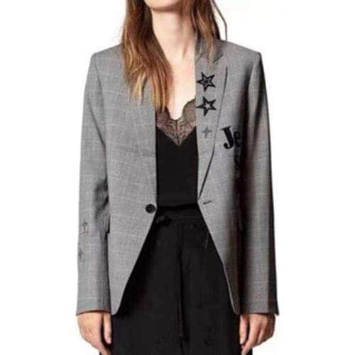 Grey Check Jacket with Embroidered Letters on Chest Jackets for Women