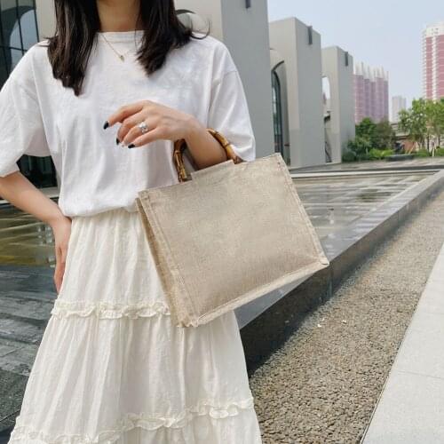 Womens Bag Portable Burlap Jute Shopping Bag Handbag Bamboo Loop Handles Reusable Tote Grocery Bags for Women Girls