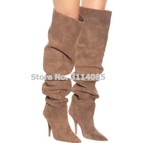 Women Apricot Suede Pointed Toe Loose Pleated Long Boots Over The Knee Dress Shoes Stiletto Heels Nightclub Stage Boots Dropship