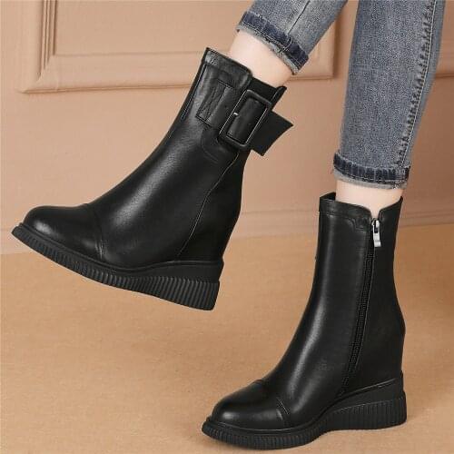 High Top Platform Creepers Women Genuine Leather Wedges High Heel Ankle Boots Female Round Toe Fashion Sneakers Casual Shoes
