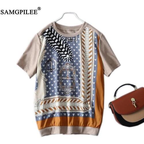 Summer T-shirts For Women 2021 New Fashion Knitting Patchwork Chiffon Ol Style Plus Size O Neck Short Sleeve T Shirt Oversized