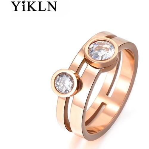 YiKLN Rose Gold Round Shape Double Cubic Zirconia Crystal Titanium Steel Engagement Wedding Rings For Women Bague Femme YR17061