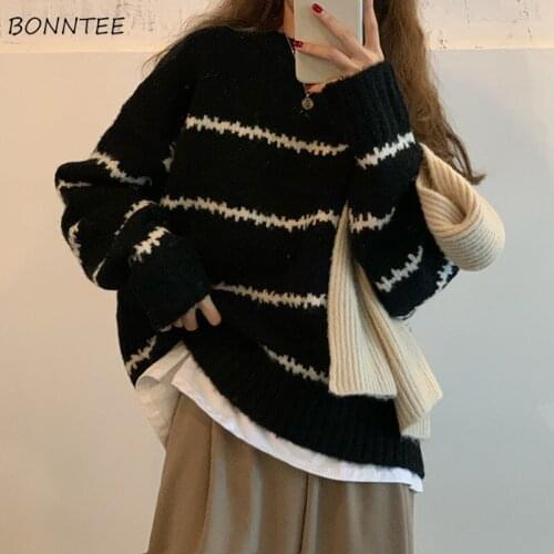 Striped Pullovers Women Japanese Style Chic Trendy Popular Leisure Warm All-match Sweaters Ulzzang Students Spring Autumn Simple