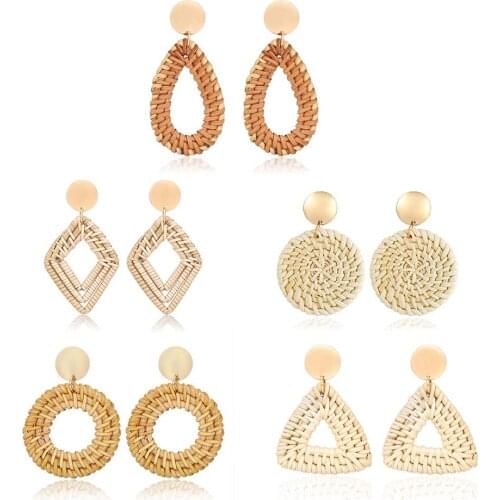 Womens Ethnic Style Earrings Retro Geometric Vine Woven Earrings 2019 Fashion Handmade Rattan Earrings