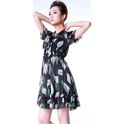 New elegant temperament high-end black printed Tencel Slim mid-length two-piece chiffon short-sleeved dress women