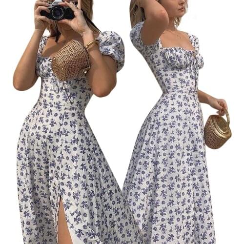 2021 Women’s Casual Puff Sleeve Dress Summer Fashion Floral Lace-up Square Collar Split Long Dress Sweet Style