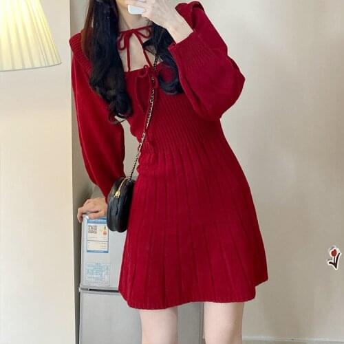 2021 Spring Women Knitted Dresses Long Sleeve Mini Length Sweater Dress Clothes Female Elegant A Line Knitting Dresses H659