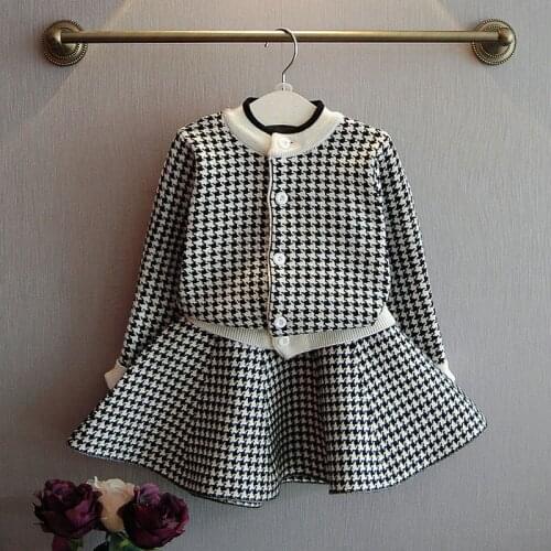Toddler Girl Winter Dresses Knitted Sweatdress Sets Kids Princess Dress Sweater Cardigan+Plaid Skirt 2pcs Childrens Long Dress