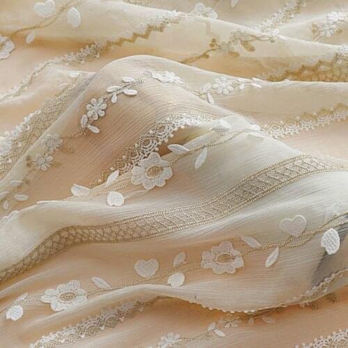 1Meter/lot 130cm wide Gold Thread High End 3D Flower Embroidery Chiffon Fabric Tulle Lace DIY Wedding Dress/ Garment Fabric X957