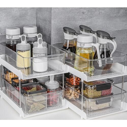 2 Tiers PET Kitchen Storage Rack Spices Bottle Jar Organizer Shelf Under Sink Cabinet Storage Drawer Organizer