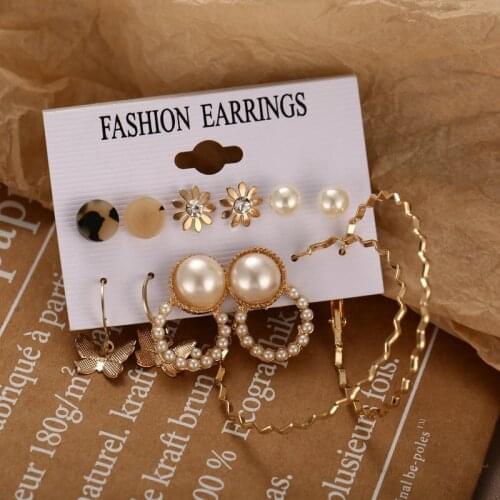 6Pairs/Set Vintage Butterfly Simulated Pearl Big Circle Drop Earrings Set For Women Crystal Geometric Female Jewelry Earing 2021