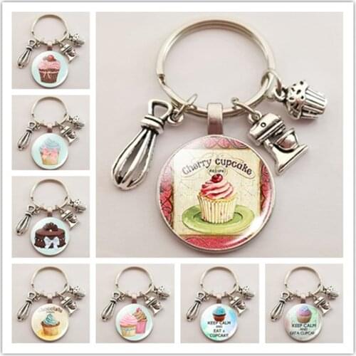 New cake cup keychain cute dessert glass convex round pendant metal keychain daughter cake shop handmade gifts for customers