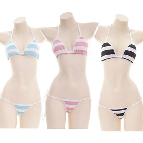 Blue Pink Black Striped Tie Version Adjustable Bra & Panties Bikini Set Cotton Soft Underwear Sleep Intimates Set