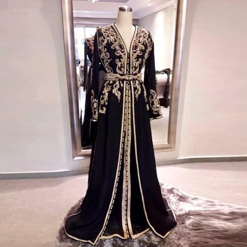 Black Long Sleeve Moroccan Caftans Evening Gown robes de soirée Vintage Formal Party Dress with Embroidery abiye Evening Dresses