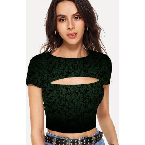 Somepet Abstract T shirt Women Psychedelic Tshirt Printed Art Navel Bare Green Hollow Out T shirts Womens Clothing Summer