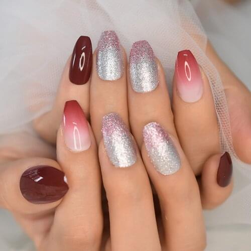 Ombre Faux Ongles Coffin Fake Nails Medium Glitter Press On False Nail With Designs Short Ballet Gel Nails Art