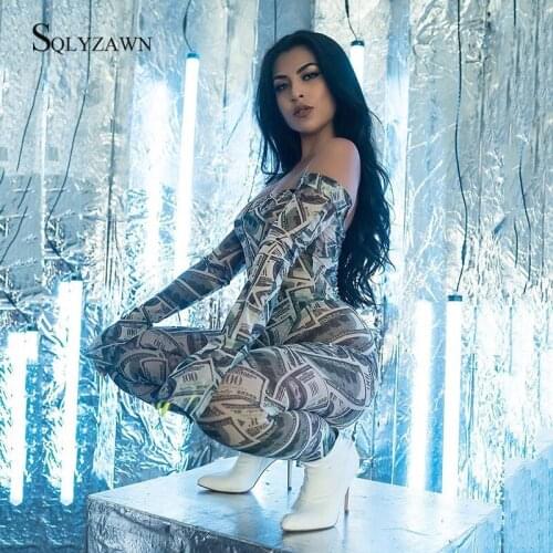 Mesh Sexy Transparent Money Print Bodycon 2 Piece Set Off Shoulder Bodysuit + Pant Gothic Party Club Dollar Pattern Suit Outfits