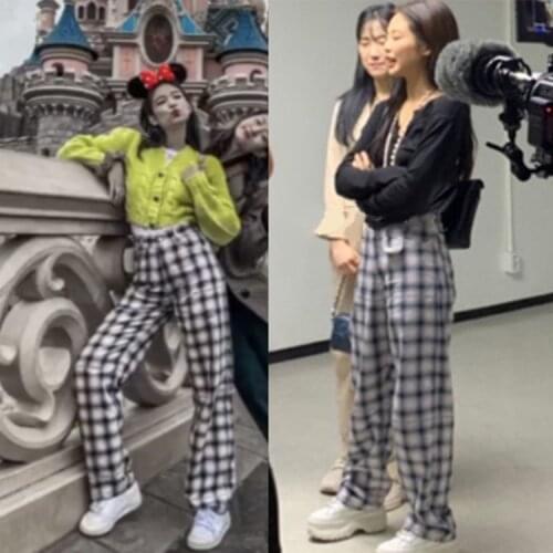 Jennie Jennie Kim casual pants womens 2021 summer new retro plaid high waist loose wide-leg pants tide