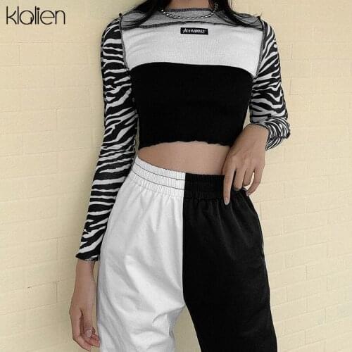 KLALIEN fashion casual patchwork letter long sleeve female t shirt simple basic wild skinny stretch soft top women streetwear