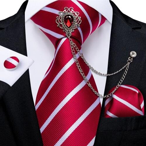 Classic White Striped Red Ties For Men 8cm Width Business Wedding Neck Tie Handkerchief Brooch Set Men Gift Gravatas DiBanGu