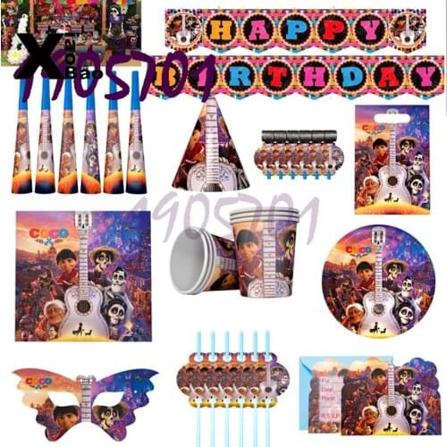 Coco Theme Paper Cup Bag Plate Tablecloth Straw Blowout Balloon Banner Cake Topper Card Show Party Decoration Supply Favor Gift