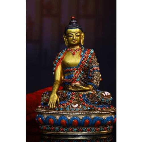 6"Tibetan Temple Collection Old Bronze outline in gold mosaic Gem Shakyamuni Buddha lotus Sitting Buddha Ornaments Town House