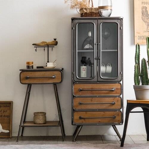 American Retro Industrial Style Wrought Iron Decorative Lockers Solid Wood High Cabinet Coffee Table Drawers Dining Side Wine