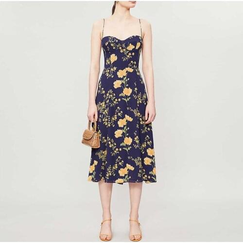 Summer Clothes Dresses For Women Elegant Vintage Floral Print Midi Dress Spaghetti Strap Tie Back Smocked Chiffon Dress Sundress