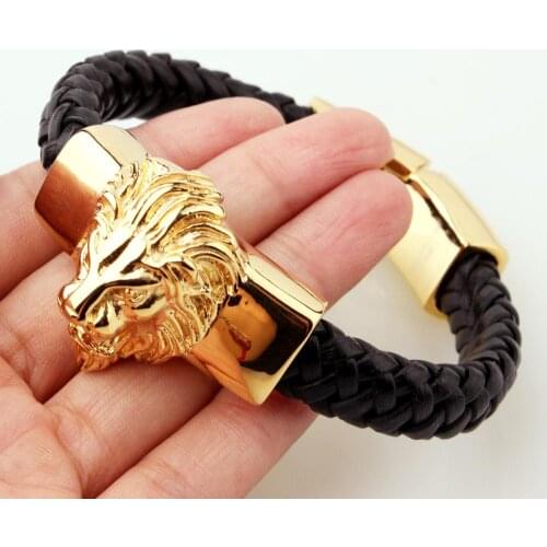 Hip Hop Mens Gold Tone 316L Stainless Steel Lion Head Bracelet Black Wirsted Leather Bracelet Bangle Jewelry