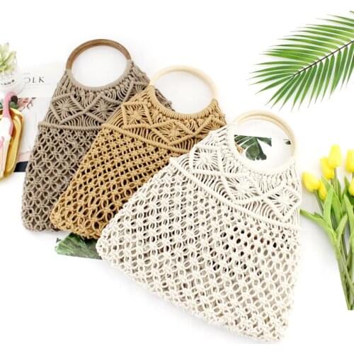 New Type Of Cotton Rope Hollow Net Pocket Handbag Straw Knitting Bag Small Fresh Knitting Lady Bag Beach Bag Without Lining