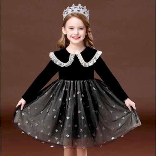 Girls Dress Autumn Childrens Dress Black Girls Ruffles Collar Little Girl Yarn Princess Dress Kids Clothes 3 6 8 10 years