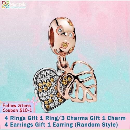 Smuxin 925 Sterling Silver Beads Sparkling Leaves Dangle Charms fit Original Pandora Bracelets Women Jewelry Making Girl Gift