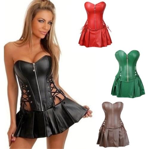 Sexy Lady Steampunk Leather Corset Mini Skirt Costume Gothic Vintage Lingerie Clubwear Cosplay Carnival Party Fancy Dress
