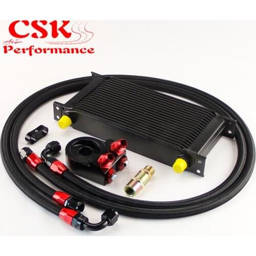 Universal 19 Row 248mm AN8 Engine Transmission Oil Cooler British Type + Aluminum Filter Adapter Kit Black/Blue